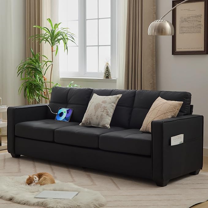 TYBOATLE 88" W Faux Leather Couches w/USB, Tufted Mid-Century Modern Comfy - Image 9