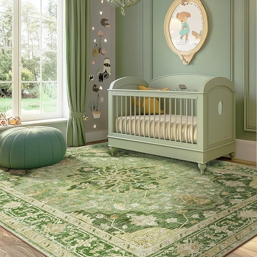 Area Rugs 5'x7' Washable Non-Slip, Floral Vintage Distress Print Pattern by RELEANY