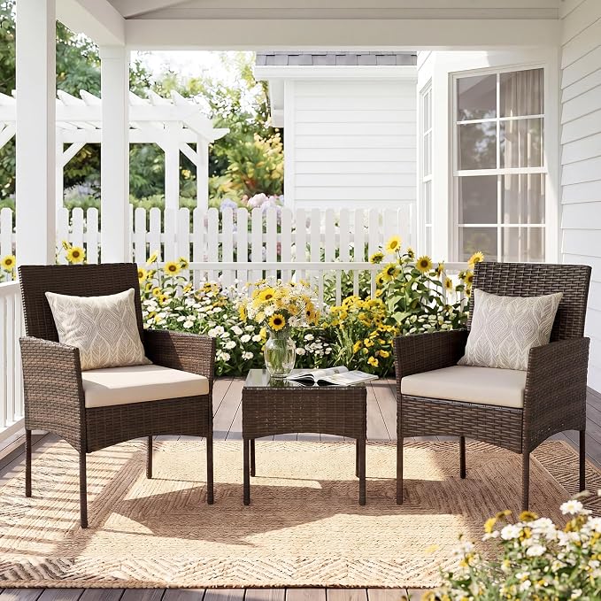 Sweetcrispy 3 Piece Patio Furniture Set, All-Weather Outdoor Wicker Bistro Set - Image 2