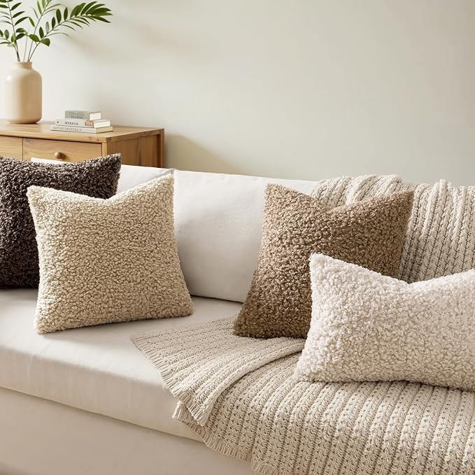 Faux Fur Throw Pillow Covers 18x18 Inch Set of 2 Boucle Neutral Decorative - Image 2