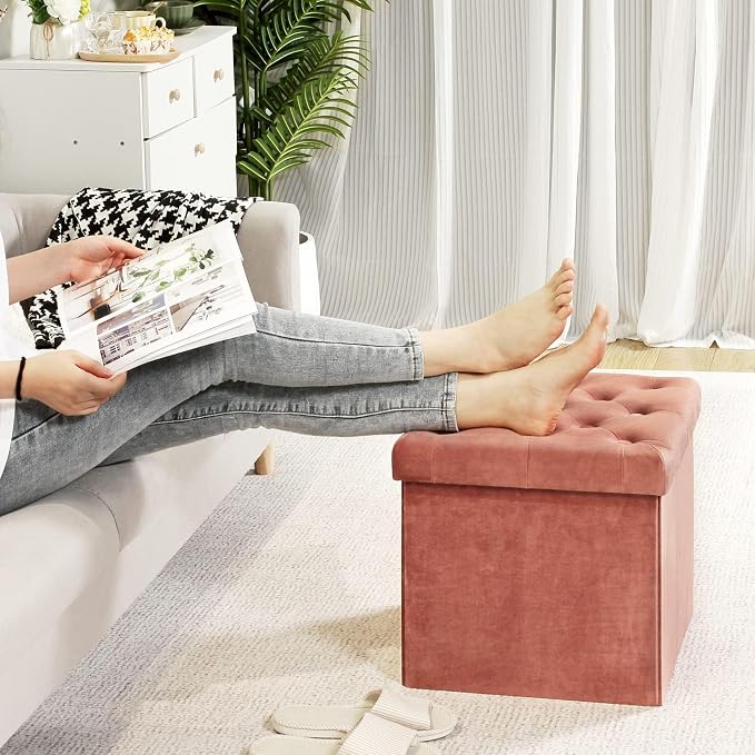 B FSOBEIIALEO Storage Ottoman Cube, Velvet Tufted Folding Ottomans - Image 4