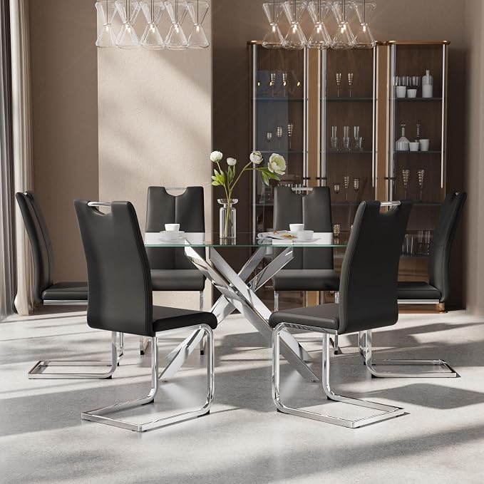 7-Piece Dining Table Set for 6, Modern Rectangular Glass Table - Image 3