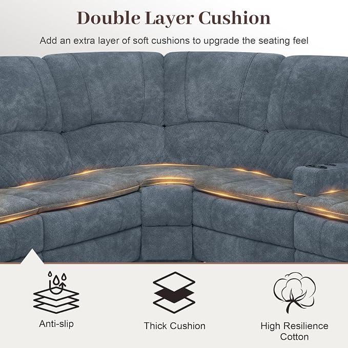 Yolsali Manual Reclining Sectional Sofa Set, 6 Seats Soft Fabric Recliner - Image 4