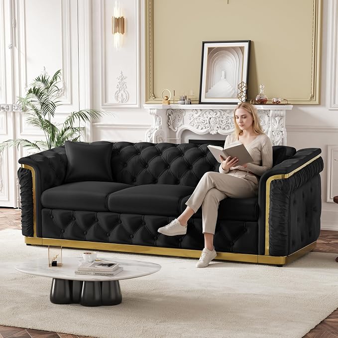 2 Piece Velvet Chesterfield Sofa Luxury Tufted Sofa Black and Gold Couch Set - Image 4