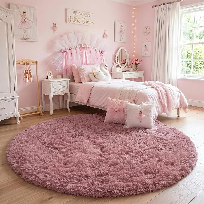 Blush Pink Big Round Rug 8Ft for Kids Bedroom, Large Fluffy Fuzzy Furry Circle - Image 3