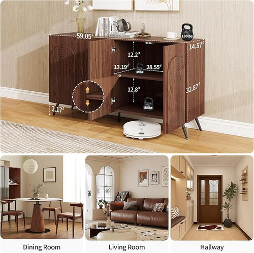 59" Walnut Arched Sideboard Buffet Cabinet - Image 2