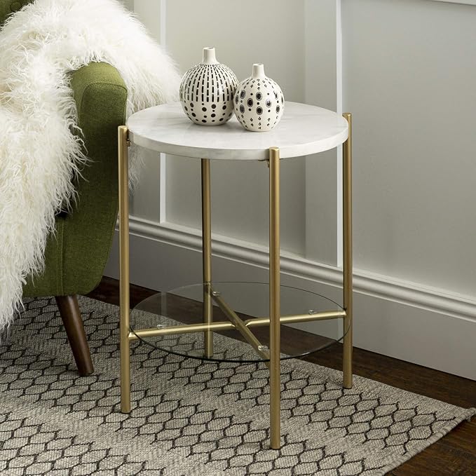 Walker Edison Blaine Mid Century Modern Marble and Glass Round Accent Table - Image 4
