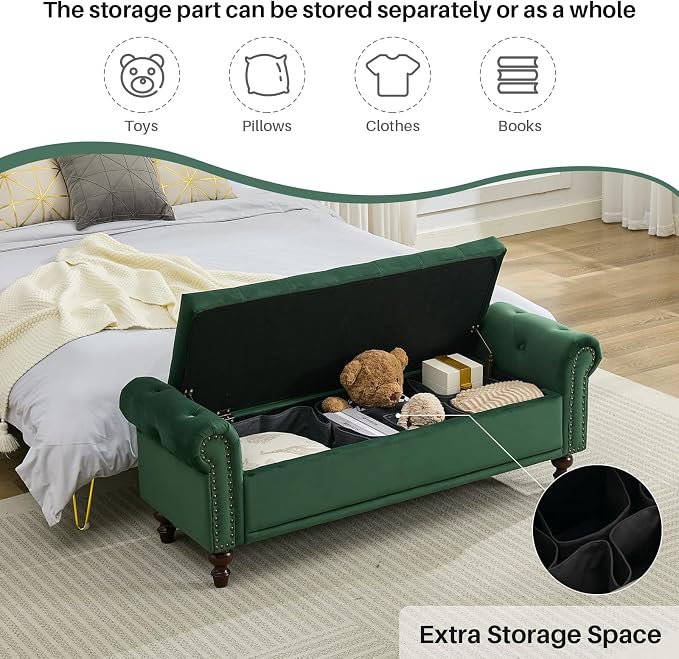 SOFTHION 58.1" Storage Bench Upholstered Velvet End of Bedroom Bed Bench Ottoman - Image 3