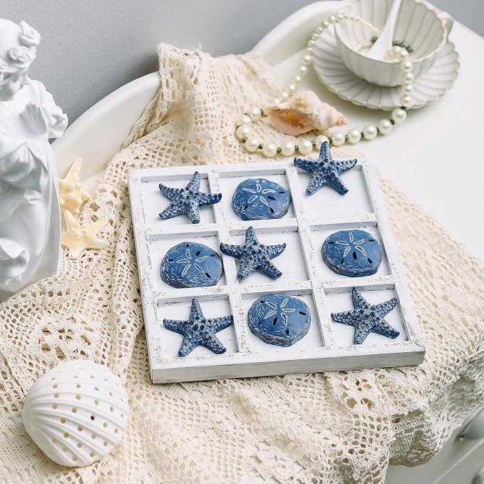 NIKKY HOME Beach Decor Tic Tac Toe 5 Sand Dollars & 5 Starfish Pieces Wood - Image 2