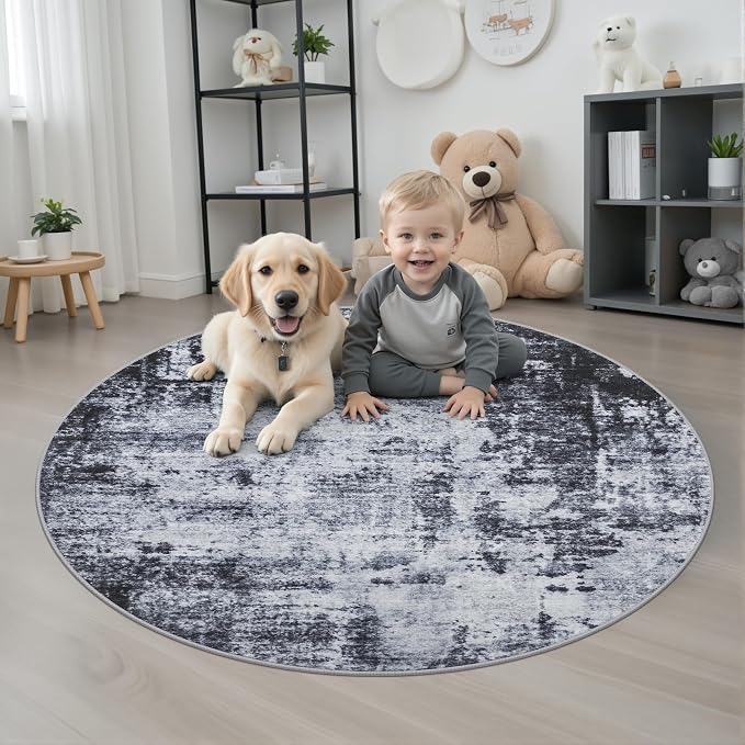 Round Area Rug for Living Room: 5 ft Washable Modern Abstract Soft Thin Rug - Image 2