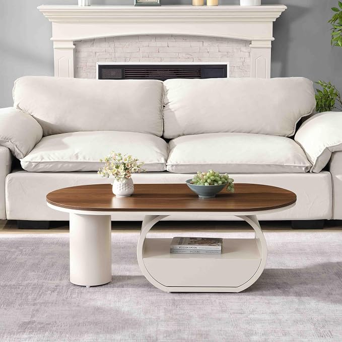 Modern Oval Coffee Table, 47.24" Brown Wood Top Coffee Table - Image 2