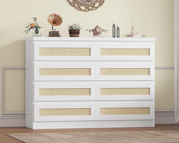 47 Inch Rattan 8 Drawer Dresser, Modern Farmhouse Chest of Drawers, Tv Stand by Unknown