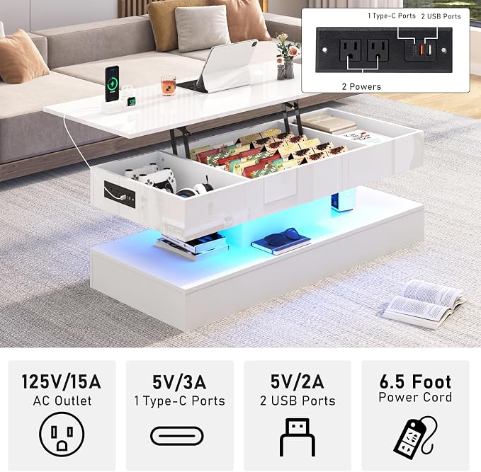 47.2" Large Lift Top Coffee Table, Modern High Glossy LED Coffee Tables - Image 3