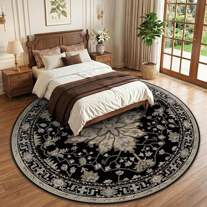 RELEANY Area Rugs Round 10ft Washable Non-Slip, Floral Vintage Distress Print - Image 2