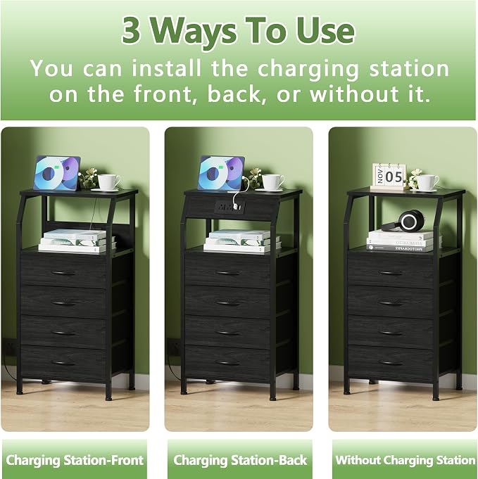 Furnulem Night Stand with Charging Station, 4 Drawer Dresser with Storage Shelf - Image 6