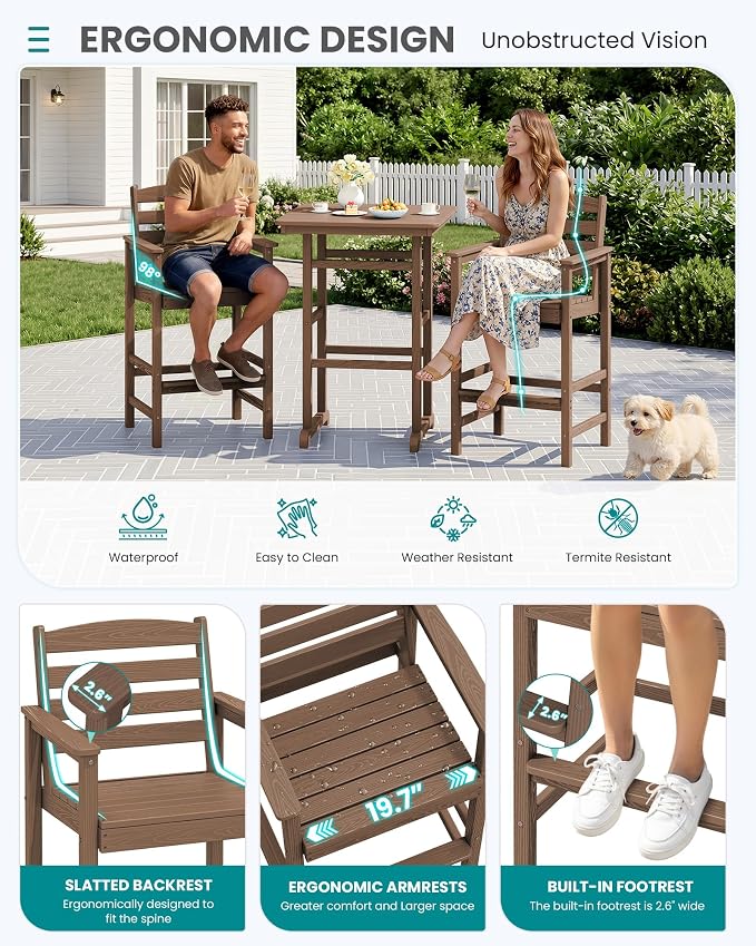 SERWALL Balcony Adirondack Chairs and Table 3 Pieces Set, Adirondack Bar Height - Image 4