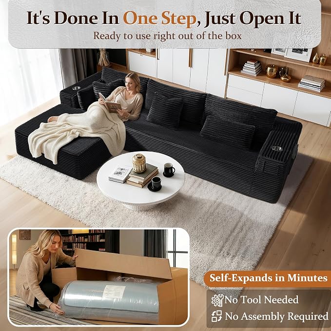 108" Oversized Cloud Sectional Couch, Comfort L Shaped Boneless Couch - Image 3