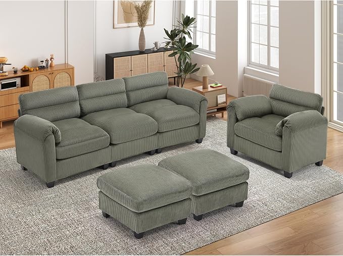 HAOMARKETS Corduroy 4-Piece Sofa Set, Upholstered Ottoman Set of 2, Accent - Image 6