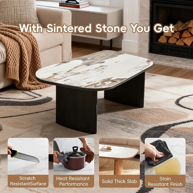 Luxury Marble Coffee Table, Premium Sintered Stone Top, Natural Wood Look Base - Image 3