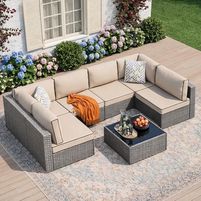 JAMFLY 7-Piece Outdoor Patio Furniture Set, Modular PE Rattan Sectional Sofa by JAMFLY