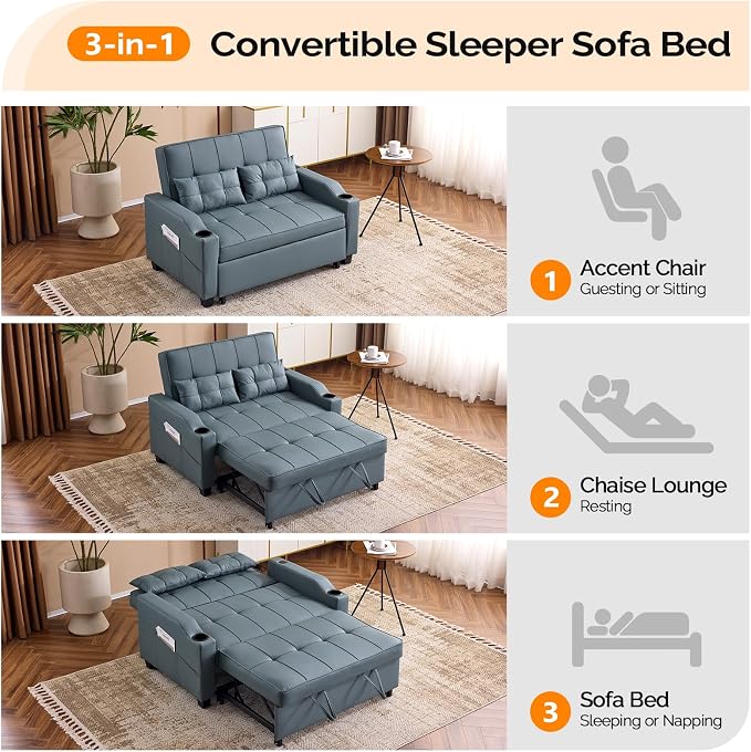 VINGLI Blue Grey Futon Sofa Bed Convertible Loveseat Sleeper Couch, Faux - Image 4