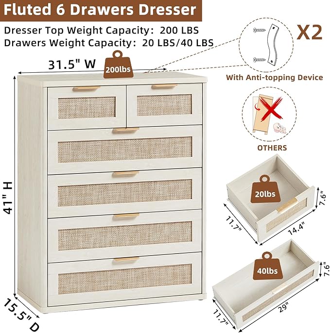 LEYAOYAO White Dresser for Bedroom Set of 2, Modern 6 Drawers Boho Rattan - Image 3