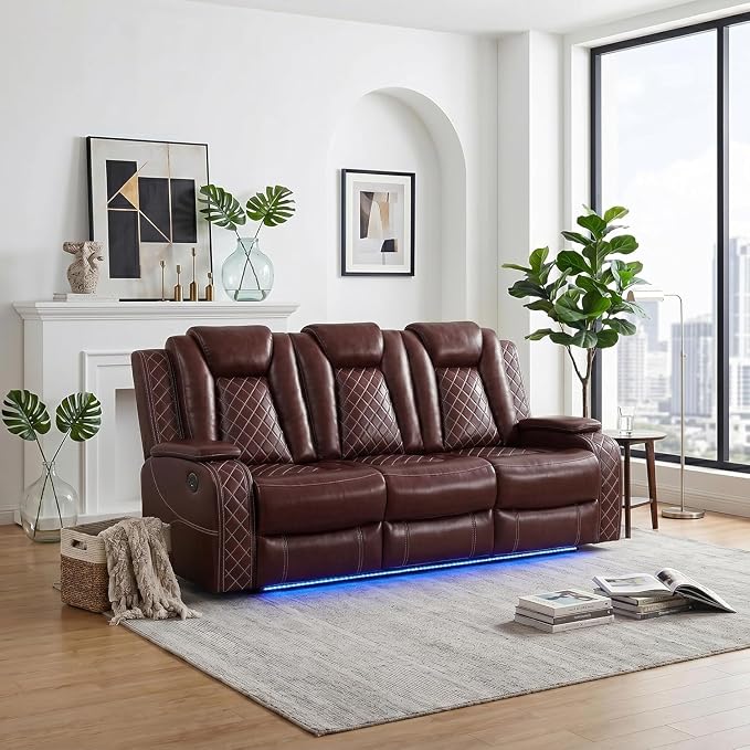 Power Recliner Sofa with LED Lights, Leather Power Reclining Sofa, Living Room by Unknown