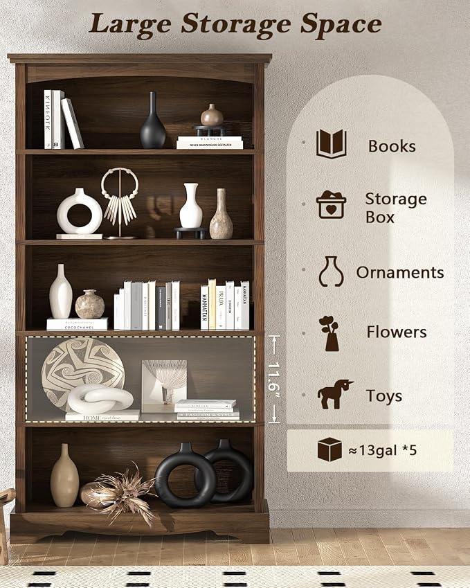 TVU 5-Tier Wooden Bookshelf, 31.5" W x 65" H ×9.9" D Bookshelf - Image 5