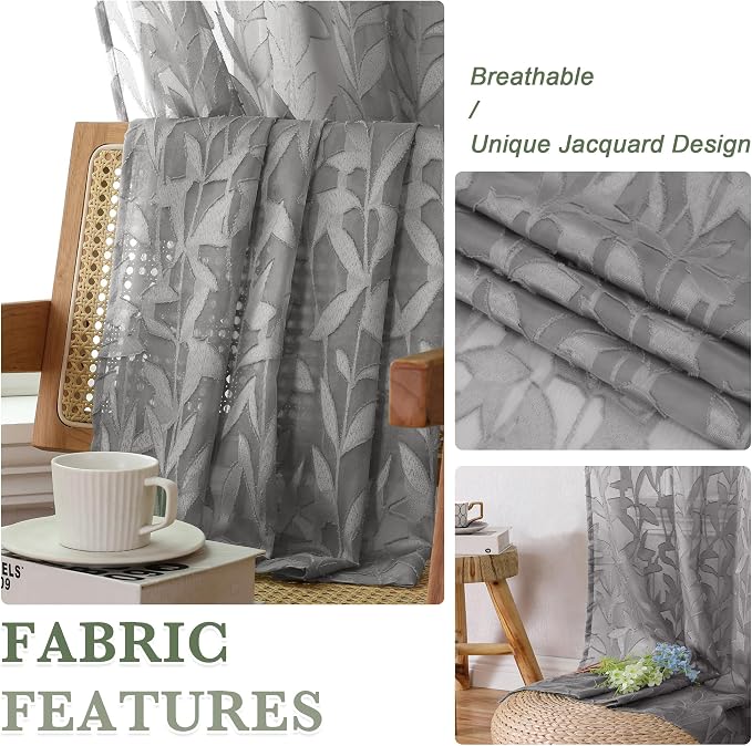 Lecloud Leia Jacquard Leaf Charcoal Grey Sheer Curtains - Image 3