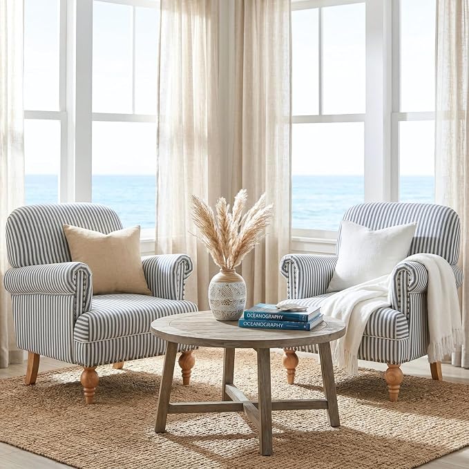 Blue Striped Linen Fabric Accent Chairs Set of 2, Coastal Upholstered Armchairs - Image 5