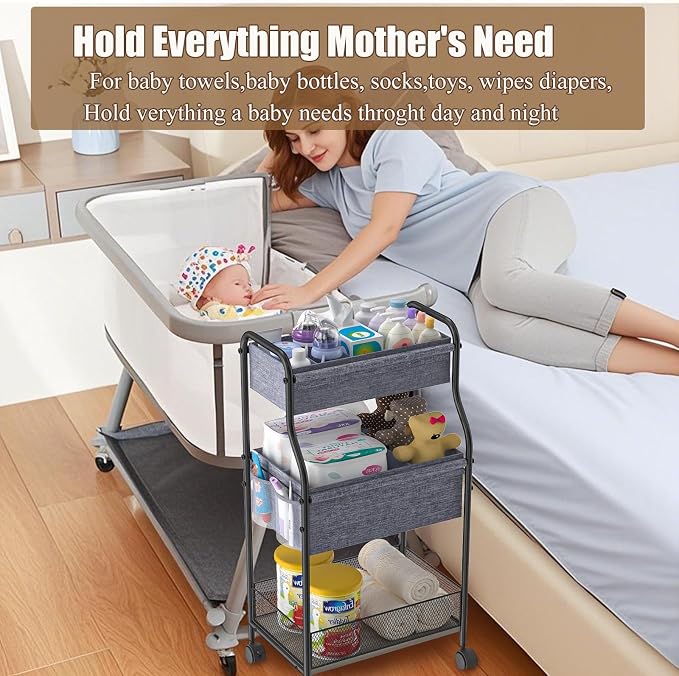3-Tier Baby Diaper Caddy Organizer and Storage Cart, Mobile Metal Utility Cart - Image 9