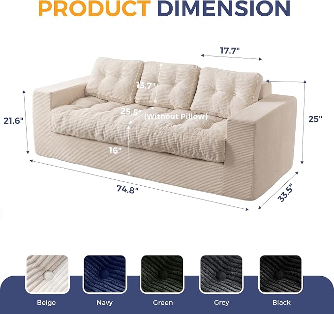 MAXYOYO Oversized Loveseat Sofa Couch, Upholstered Bean Bag Chair Cloud 3-Seat - Image 2