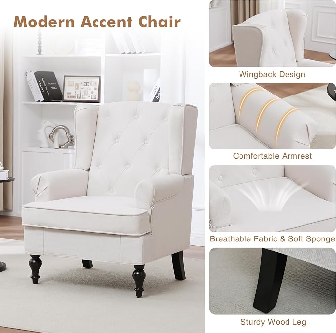 Accent Chair Set of 2, Mid Century Modern Fabric Wingback Chair, Upholstered - Image 5