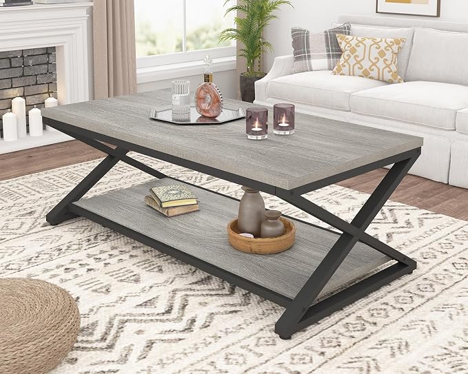 HSH Coffee Table with Storage, Farmhouse Grey Living Room Center Table - Image 3