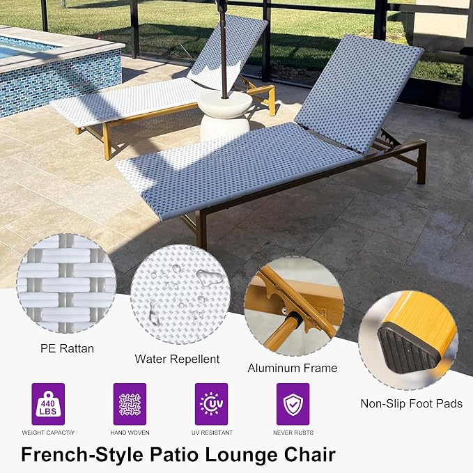 PURPLE LEAF Patio Chaise Lounge French Outdoor Lounger 1 Piece Wood-Grain - Image 3