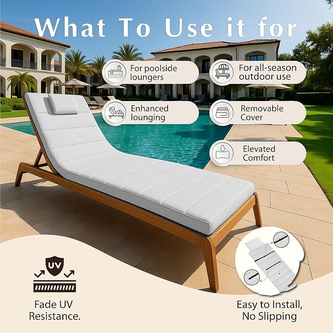 Quilted Chaise Lounge Outdoor Patio Furniture Cushions | Water-Resistant Patio - Image 8