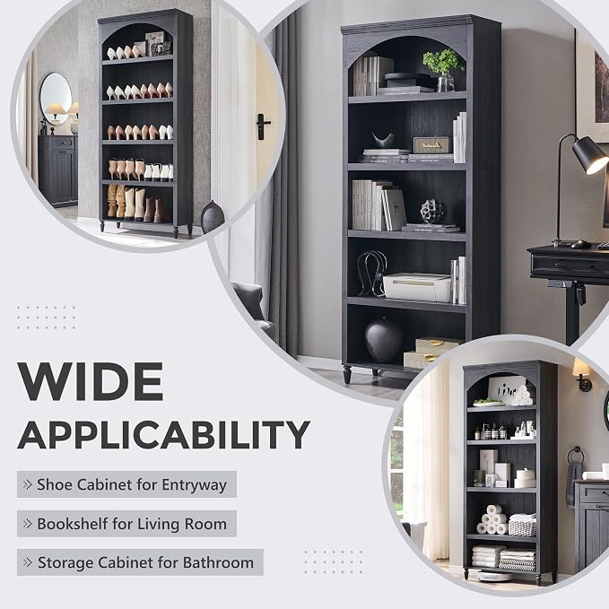 IFGET 76" Tall Arched Bookcase, Farmhouse 5 Tiers Large Arched Bookshelf Cabinet - Image 4