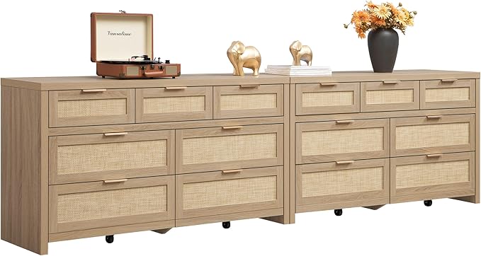 SICOTAS 7 Drawer Dressers for Bedroom Set 2, Long Rattan Dresser, Dresser TV by SICOTAS