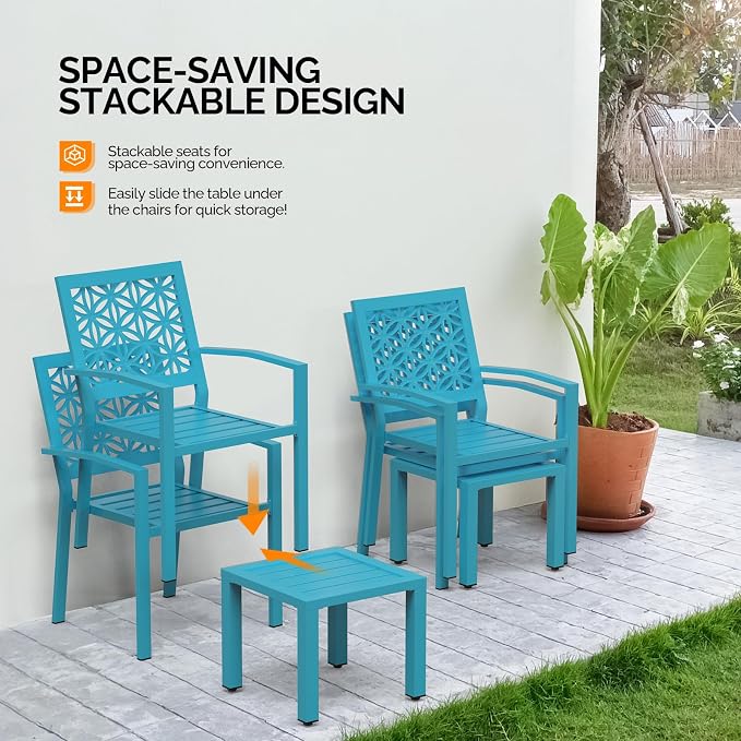 VINGLI 3-Piece Outdoor Bistro Set, Stackable Modern Metal Steel Table and Chairs - Image 3