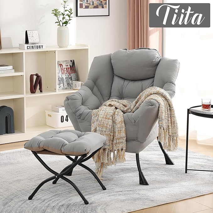 Tiita Lazy Chair with Ottoman, Light Grey Modern Large Accent Chair, Comfy - Image 7