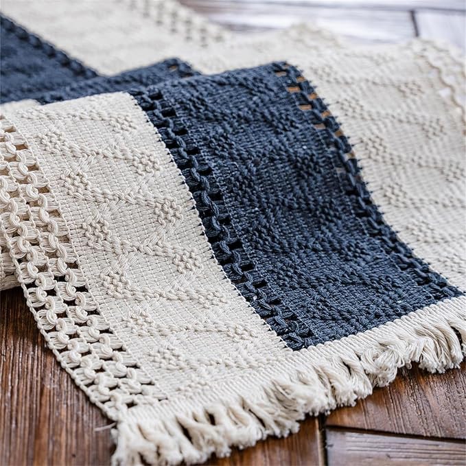 Macrame Table Runner Cream Beige and Blue Boho Table Runners - Image 5