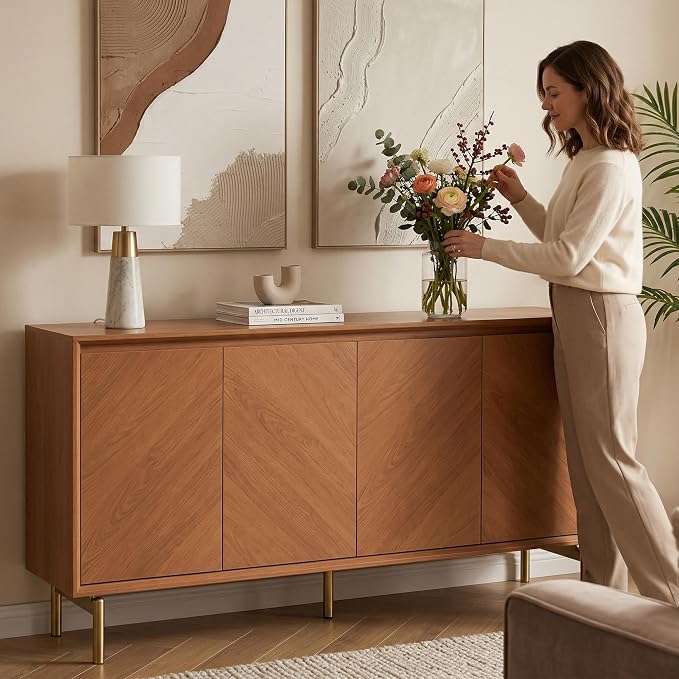 JOINICE Storage Cabinet, Mid-Century Modern Wood Accent Cabinet, Chevron - Image 5