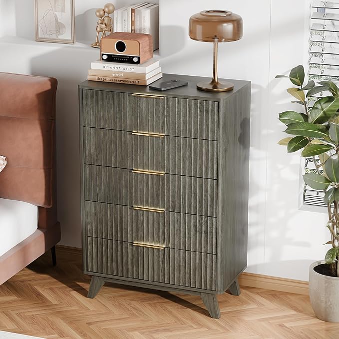 VINGLI Fluted Tall Dresser 5 Drawer Grey Chest of Drawers, Wood Dresser by VINGLI