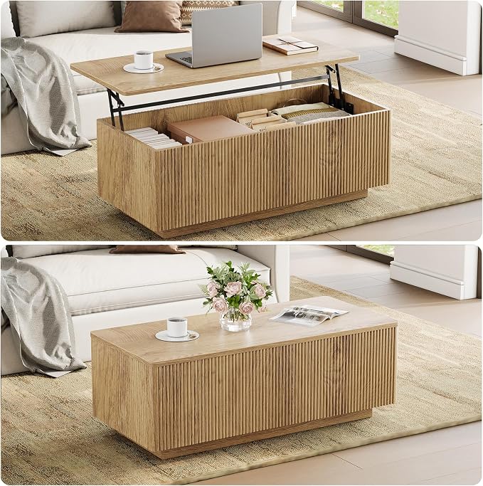 FABATO Mid Century Modern Coffee Table, Wooden Fluted Center Table - Image 4