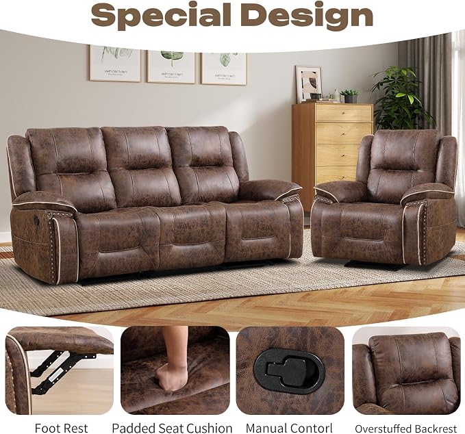 EBELLO Faux Leather Manual Recliner Sofa Set, 1 Seat Reclining Chair and a 3 - Image 3