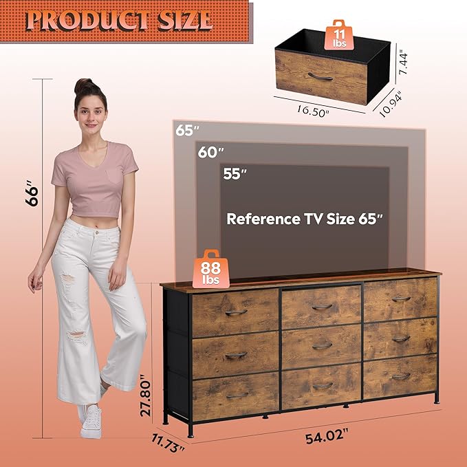 WLIVE 54''W Dresser for Bedroom, Dresser TV Stand for 55, 65 inch TV, Wide - Image 3