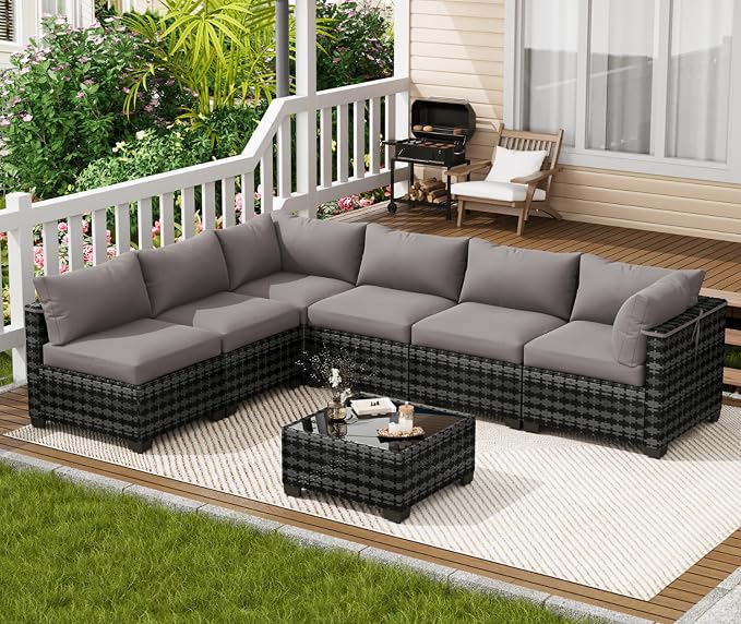 LOUVIXA 7 Piece Outdoor Patio Furniture Set, Outdoor Sectional Sofa, Wicker - Image 8