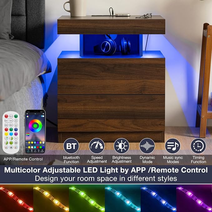 HOMMPA Rustic Nightstand with Wireless Charging Station LED Bedside Table with - Image 6