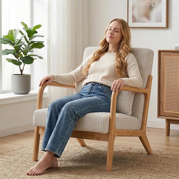Mid Century Modern Accent Chair, Upholstered Corduroy Armchair - Image 3
