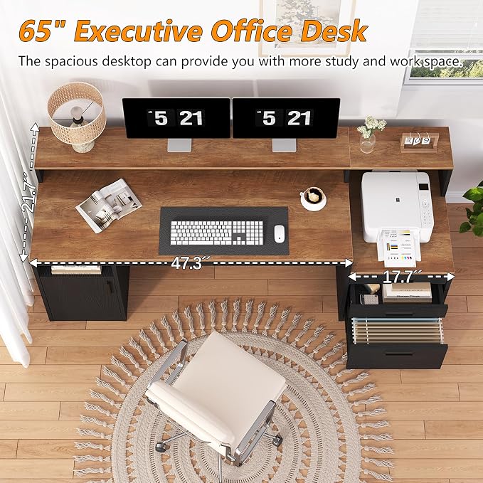 YOMILUVE Computer Desk with 3 Drawers & Storage Shelves, 65 Inch Home Office - Image 4